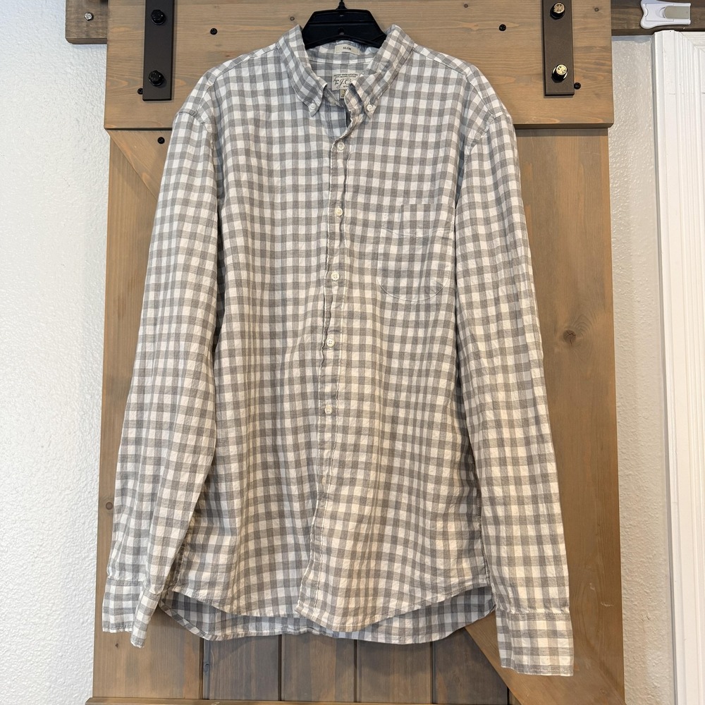 J Crew Shirt Mens XL Gray Check Secret Wash Slim Stretch Button Down Casual